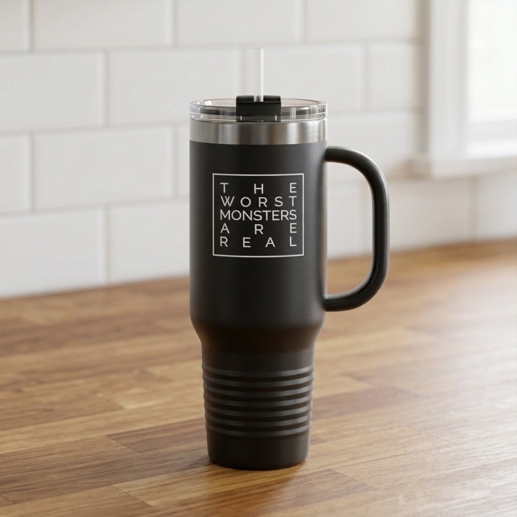 40oz Insulated Travel Mug – “The Worst Monsters Are Real” Black Tumbler